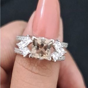 14K White Gold Guard Bridal Set 2 Ct whiskey Quartz Princess Cut Ring Set Sz 8